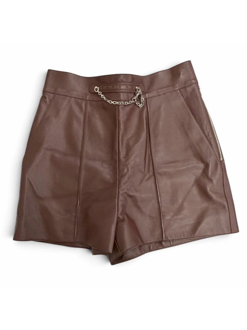 Hermes Silver with Chain Side Zip Lambskin Shorts Dark Brown 36